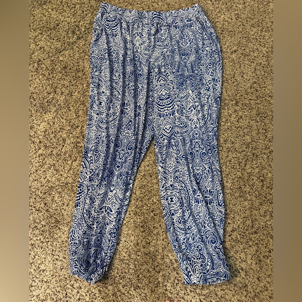 Blue and White Paisley Print Pants